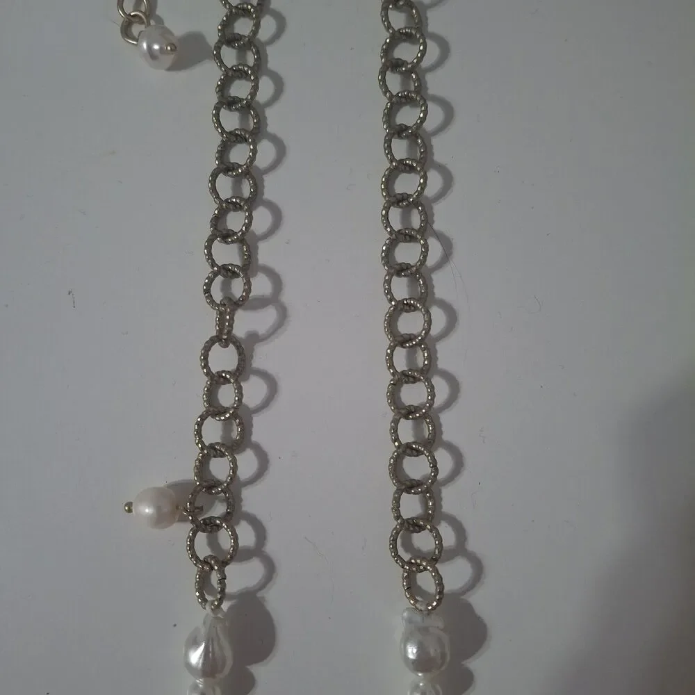 Chicos Long Faux Pearl Round Beaded Gold Tone Chain Ringlet Statement Necklace